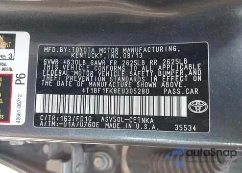 2014 Toyota Camry Le из США, поврежденный, VIN 4T1BF1FK8EU305280